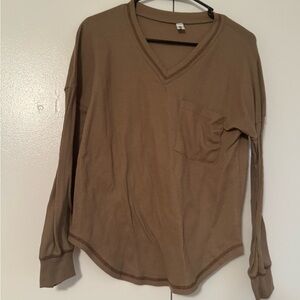 Women's Tan V-Neck Waffle Long Sleeve Top